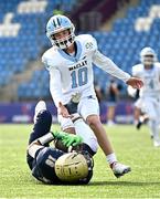 23 August 2024; Romeo Akin of Windham in action against Beau Beshears of Maclay School during the GIFT High School match between Maclay School, Tallahassee, Florida, and Windham School, Windham, New Hampshire, at Energia Park in Dublin, ahead of the 2024 Aer Lingus College Football Classic match between Florida State and Georgia Tech on Saturday. Photo by Sam Barnes/Sportsfile