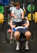 23 August 2024; Ryan Baird, top, and John McKee during a Leinster Rugby squad gym session at Farrell Fitness in Wexford. Photo by Seb Daly/Sportsfile