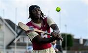 23 August 2024; Florida State Seminoles wide receiver Hykeem Williams plays hurling during a clinic at Kilmacud Crokes GAA Club in Dublin, ahead of the 2024 Aer Lingus College Football Classic match between Florida State and Georgia Tech at the Aviva Stadium this Saturday. Photo by Brendan Moran/Sportsfile