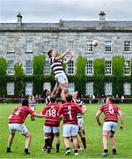 23 August 2024; Bryan Fortay of FSU wins a line-out during an exhibition match between Florida State University Men’s Rugby Club and Dublin University at Trinity College in Dublin, ahead of the 2024 Aer Lingus College Football Classic match between Florida State and Georgia Tech at the Aviva Stadium this Saturday. Photo by Sam Barnes/Sportsfile