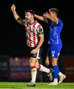 23 August 2024; Patrick Hoban of Derry City celebrates after his side's first goal, an own goal from Waterford goalkeeper Louis Jones, during the SSE Airtricity Men's Premier Division match between Waterford and Derry City at the Regional Sports Centre in Waterford. Photo by Piaras Ó Mídheach/Sportsfile