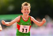 24 August 2024; Micheal Walsh, from Belmullet, Mayo, celebrates after finishing first in the boy's U10 200m heats during the Community Games National Track/Field/Relay Finals at SETU Running Track and Field in Carlow. Photo by Tyler Miller/Sportsfile