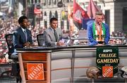 24 August 2024; ESPN GameDay hosts and analysts, from left, Desmond Howard, Rece Davis and Pat McAfee during the ESPN College GameDay pre-match event in Dublin ahead of the 2024 Aer Lingus College Football Classic match between Florida State and Georgia Tech at the Aviva Stadium. Photo by David Fitzgerald/Sportsfile