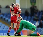 24 August 2024; Anna McDaniel of Sligo Rovers, left, celebrates with teammate Muireann Devany after scoring her side's first goal during the Sports Direct Women's FAI Cup quarter-final match between DLR Waves and Sligo Rovers at UCD Bowl in Dublin. Photo by Thomas Flinkow/Sportsfile