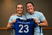 24 August 2024; Anna Doyle is presented with her jersey by Leinster captain Hannah O'Connor during the Leinster Rugby women's jersey presentation at the Crowne Plaza Hotel in Belfast, Antrim. Photo by Shauna Clinton/Sportsfile