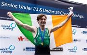 24 August 2024; Paul O'Donovan of Ireland celebrates on the podium after winning the lightweight men's single sculls final at the World Rowing Championships at Royal Canadian Henley Rowing Course in St Catharines, Canada. Photo by Stephen Leithwood/Sportsfile