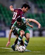 25 August 2024; Neil Farrugia of Shamrock Rovers and Jimmy Keohane of Galway United during the SSE Airtricity Men's Premier Division match between Shamrock Rovers and Galway United at Tallaght Stadium in Dublin. Photo by Ben McShane/Sportsfile