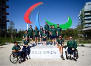 27 August 2024; An Taoiseach Simon Harris TD with Ireland athletes during a visit to the Paralympic Village in advance of the Paris 2024 Paralympic Games in Paris, France. Photo by Ramsey Cardy/Sportsfile