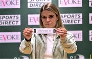 27 August 2024; Republic of Ireland international Jamie Finn draws Athlone Town during the Sports Direct Women's FAI Cup semi-final draw at the FAI Headquarters in Abbotstown, Dublin. Photo by Ben McShane/Sportsfile