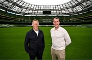 29 August 2024; Head coach Heimir Hallgrimsson and assistant coach John O'Shea pose for a portrait before a Republic of Ireland squad announcement at the Aviva Stadium in Dublin. Photo by Stephen McCarthy/Sportsfile