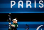 30 August 2024; Kerrie Leonard of Ireland in action during her women's individual compound open 1/16 elimination match against Zhou Jiamin of China during day two of the Paris 2024 Paralympic Games at Eplanade des Invalides in Paris, France. Photo by Ramsey Cardy/Sportsfile