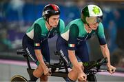 30 August 2024; Katie-George Dunlevy of Ireland, left, and pilot Eve McCrystal during the Women's B 1000m Time Trial Final on day two of the Paris 2024 Paralympic Games at Vélodrome de Saint-Quentin-en-Yvelines in Paris, France. Photo by Ramsey Cardy/Sportsfile