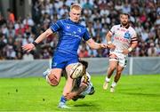 30 August 2024; Andrew Osborne of Leinster is tackled by Enzo Reybier of Bordeaux Begles during the pre-season friendly rugby union match between Bordeaux-Bègles and Leinster at Stade Chaban-Delmas in Bordeaux, France. Photo by Anthony Dibon/Sportsfile