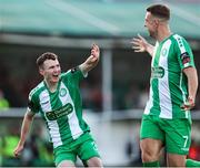 30 August 2024; Kieran Cruise of Bray Wanderers celebrates after scoring his side's second goal with teammate Darren Craven during the SSE Airtricity Men's First Division match between Bray Wanderers and Treaty United at Carlisle Grounds in Bray, Wicklow. Photo by Thomas Flinkow/Sportsfile