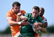 31 August 2024; Jack Carty of Connacht is tackled by Tom O’Flaherty, right, and Sam Dugdale of Sale Sharks during the pre-season friendly match between Connacht and Sale Sharks at Dexcom Stadium in Galway. Photo by Piaras Ó Mídheach/Sportsfile