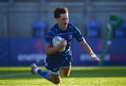 31 August 2024; Jack Halpin of Leinster dives over to score his side's tenth try during the U19 Mens Interprovincial Round 3 match between Leinster and Ulster at Energia Park in Dublin. Photo by Tyler Miller/Sportsfile