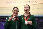 1 September 2024; Katie George Dunlevy, left, and Eve McCrystal of Ireland with their silver medals after the women's B 3000m individual pursuit final on day four of the Paris 2024 Paralympic Games at Vélodrome de Saint-Quentin-en-Yvelines in Paris, France. Photo by Harry Murphy/Sportsfile