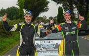 1 September 2024; Josh Moffett and Keith Moriarty celebrate after winning the Bluebird Care Galway Summer Rally, Round 7 of the Triton Showers National Rally Championship 2024, in Ballinasloe, Galway. Photo by Philip Fitzpatrick/Sportsfile