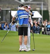 1 September 2024; Annabel Dimmock of England celebrates with her father and caddie Chris after winning the play-off in the final round of the KPMG Women’s Irish Open at Carton House Golf Club in Maynooth, Kildare. Photo by Sam Barnes/Sportsfile