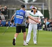 1 September 2024; Annabel Dimmock of England celebrates with her father and caddie Chris after winning the play-off in the final round of the KPMG Women’s Irish Open at Carton House Golf Club in Maynooth, Kildare. Photo by Sam Barnes/Sportsfile