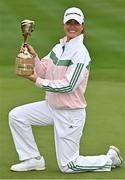 1 September 2024; Annabel Dimmock of England celebrates with the trophy after winning the KPMG Women’s Irish Open at Carton House Golf Club in Maynooth, Kildare. Photo by Sam Barnes/Sportsfile