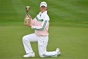 1 September 2024; Annabel Dimmock of England celebrates with the trophy after winning the KPMG Women’s Irish Open at Carton House Golf Club in Maynooth, Kildare. Photo by Sam Barnes/Sportsfile