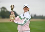 1 September 2024; Annabel Dimmock of England celebrates with the trophy after winning the KPMG Women’s Irish Open at Carton House Golf Club in Maynooth, Kildare. Photo by Sam Barnes/Sportsfile