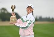 1 September 2024; Annabel Dimmock of England celebrates with the trophy after winning the KPMG Women’s Irish Open at Carton House Golf Club in Maynooth, Kildare. Photo by Sam Barnes/Sportsfile