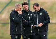 3 September 2024; Head coach Heimir Hallgrimsson, left, with coaches Paddy McCarthy and John O'Shea, right, during a Republic of Ireland training session at the FAI National Training Centre in Abbotstown, Dublin. Photo by Stephen McCarthy/Sportsfile