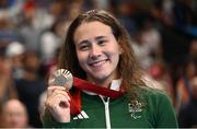 3 September 2024; Róisín Ní Riain of Ireland celebrates after winning bronze in the Women's 200m Individual Medley SM13 Final on day six of the Paris 2024 Paralympic Games at La Defense Arena in Paris, France. Photo by Ramsey Cardy/Sportsfile