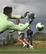 4 September 2024; Callum Robinson has a shot on goal saved by goalkeeper Max O'Leary during a Republic of Ireland training session at the FAI National Training Centre in Abbotstown, Dublin. Photo by Stephen McCarthy/Sportsfile