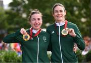 4 September 2024; Katie-George Dunlevy, right, and pilot Linda Kelly of Ireland celebrate with their gold medals after the women's B individual time trial on day seven of the Paris 2024 Paralympic Games at Clichy-sous-bois in Paris, France. Photo by Ramsey Cardy/Sportsfile