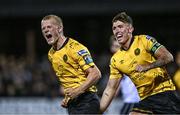 5 September 2024; Tom Grivosti of St Patrick's Athletic, left, celebrates with Joe Redmond after scoring their side's first goal during the SSE Airtricity Men's Premier Division match between Dundalk and St Patrick's Athletic at Oriel Park in Dundalk, Louth. Photo by Ben McShane/Sportsfile