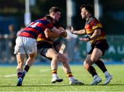 7 September 2024; Cillian Redmond of Lansdowne is tackled by James McKeown of Clontarf during the Bank of Ireland Leinster Senior Cup final match between Lansdowne RFC and Clontarf RFC at Energia Park in Dublin. Photo by Tom Beary/Sportsfile