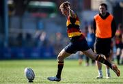 7 September 2024; Stephen Madigan of Lansdowne kicks a conversion during the Bank of Ireland Leinster Senior Cup final match between Lansdowne RFC and Clontarf RFC at Energia Park in Dublin. Photo by Tom Beary/Sportsfile