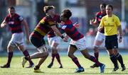 7 September 2024; Seni Reilly of Clontarf is tackled by Cillian Redmond of Lansdowne during the Bank of Ireland Leinster Senior Cup final match between Lansdowne RFC and Clontarf RFC at Energia Park in Dublin. Photo by Tom Beary/Sportsfile