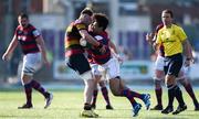 7 September 2024; Seni Reilly of Clontarf is tackled by Cillian Redmond of Lansdowne during the Bank of Ireland Leinster Senior Cup final match between Lansdowne RFC and Clontarf RFC at Energia Park in Dublin. Photo by Tom Beary/Sportsfile