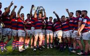 7 September 2024; Clontarf captain Dylan Donnellan lifts the Leinster Senior Cup after the Bank of Ireland Leinster Senior Cup final match between Lansdowne RFC and Clontarf RFC at Energia Park in Dublin. Photo by Tom Beary/Sportsfile