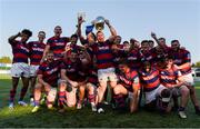 7 September 2024; Clontarf captain Dylan Donnellan lifts the Leinster Senior Cup after the Bank of Ireland Leinster Senior Cup final match between Lansdowne RFC and Clontarf RFC at Energia Park in Dublin. Photo by Tom Beary/Sportsfile