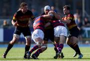 7 September 2024; Juan Beukes of Lansdowne is tackled by John Vinson, left, and Victor Allen of Clontarf during the Bank of Ireland Leinster Senior Cup final match between Lansdowne RFC and Clontarf RFC at Energia Park in Dublin. Photo by Tom Beary/Sportsfile