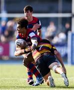 7 September 2024; Seni Reilly of Clontarf is tackled by Liam Molony of Lansdowne during the Bank of Ireland Leinster Senior Cup final match between Lansdowne RFC and Clontarf RFC at Energia Park in Dublin. Photo by Tom Beary/Sportsfile