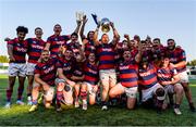 7 September 2024; Clontarf captain Dylan Donnellan lifts the Leinster Senior Cup after the Bank of Ireland Leinster Senior Cup final match between Lansdowne RFC and Clontarf RFC at Energia Park in Dublin. Photo by Tom Beary/Sportsfile