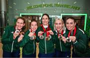 9 September 2024; Paralympics Ireland athletes, from left, Róisín Ní Riain, Linda Kelly, Katie-George Dunlevy, Orla Comerford and Eve McCrystal on arrival into Dublin on EI 525 from Paris with Aer Lingus, Official Airline Partner to Paralympics Ireland. The triumphant team were welcomed by an Aer Lingus guard of honour and were greeted by family, friends and supporters at arrivals. Aer Lingus is proud to have brought Team Ireland, thousands of supporters, and #HomeAdvantage to Paris throughout the competition. Photo by David Fitzgerald/Sportsfile