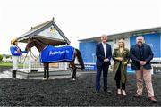 11 September 2024; BoyleSports announced as new sponsor of Munster National, pictured are, from left, John Kiely, Limerick Hurling Manager, Sharon McHugh, Head of PR & Sponsorship, BoyleSports and Michael Lynch, CEO Limerick Racecourse, also pictured was Jockey Conor McNamara at Limerick Racecourse in Limerick. Photo by Matt Browne/Sportsfile