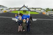 11 September 2024; BoyleSports announced as new sponsor of Munster National, pictured are, from left, Michael Lynch, CEO Limerick Racecourse, Sharon McHugh, Head of PR & Sponsorship, BoyleSports and John Kiely, Limerick Hurling Manager, also pictured was Jockey Conor McNamara at Limerick Racecourse in Limerick. Photo by Matt Browne/Sportsfile