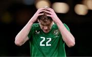 10 September 2024; Nathan Collins of Republic of Ireland reacts after the UEFA Nations League B Group 2 match between Republic of Ireland and Greece at Aviva Stadium in Dublin. Photo by Stephen McCarthy/Sportsfile