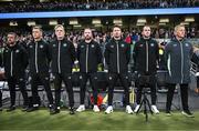 10 September 2024; Republic of Ireland head coach Heimir Hallgrimsson with coaches and staff, from right, assistant head coach John O'Shea, assistant coach Paddy McCarthy, analyst Ger Dunne, goalkeeping coach Gudmundur Hreidarsson, head of athletic performance Damien Doyle and team doctor Sean Carmody, lead physiotherapist Danny Miller before the UEFA Nations League B Group 2 match between Republic of Ireland and Greece at Aviva Stadium in Dublin. Photo by Stephen McCarthy/Sportsfile