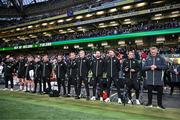 10 September 2024; Republic of Ireland head coach Heimir Hallgrimsson with coaches and staff, from right, assistant head coach John O'Shea, assistant coach Paddy McCarthy, analyst Ger Dunne, goalkeeping coach Gudmundur Hreidarsson, head of athletic performance Damien Doyle, team doctor Sean Carmody, lead physiotherapist Danny Miller, athletic therapist Sam Rice, StatSport analyst Andrew Morrissey, physiotherapist David Breen and kit and equipment manager Karl McKenna before the UEFA Nations League B Group 2 match between Republic of Ireland and Greece at Aviva Stadium in Dublin. Photo by Stephen McCarthy/Sportsfile