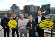 11 September 2024; CEO of Premier Sports Ryle Nugent, centre, with, from left, UCD footballer Ronan Finn, former Republic of Ireland goalkeeper Shay Given, presenter Aisling O'Reilly and former Ireland and Ulster rugby player Stephen Ferris as Premier Sports is set to launch an expanded lineup of football and rugby content this autumn, featuring UEFA club competitions and EPCR Rugby, unveiled at The Marker Hotel in Dublin. Photo by David Fitzgerald/Sportsfile