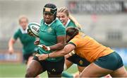 14 September 2024; Linda Djougang of Ireland is tackled by Michaela Leonard of Australia during the Women's Rugby International match between Ireland and Australia at the Kingspan Stadium in Belfast. Photo by Oliver McVeigh/Sportsfile